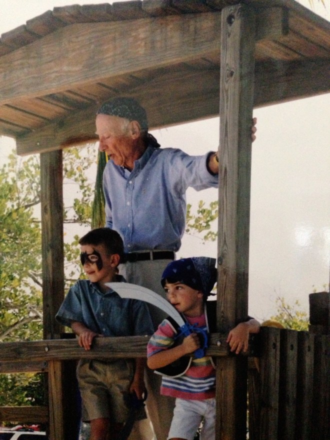 The birthday boy with his sword, a pirate friend and his pirate grandfather, Jungle Jack.