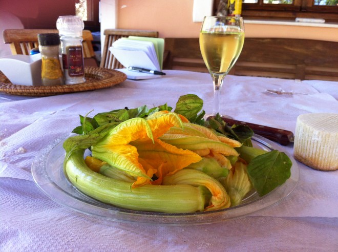 Zucchini blossoms just waiting to be stuffed or made into fritters and served with a light dusting of freshly grated Mizithra cheese.