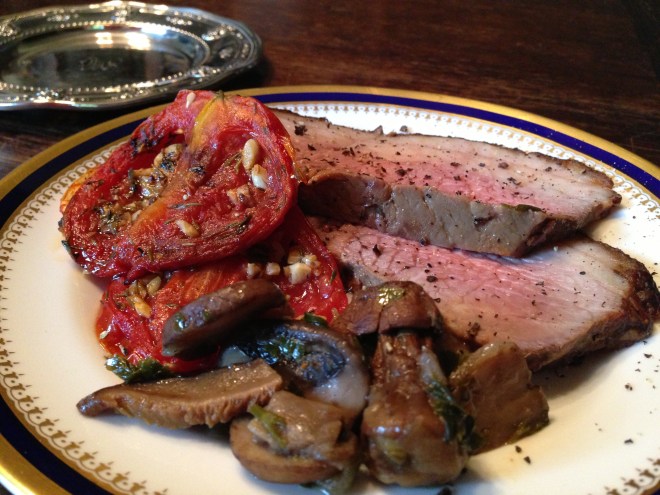 I served my Roast Beast with Provencal Roasted Tomatoes and a Ragout of Wild and Domestic Mushrooms.