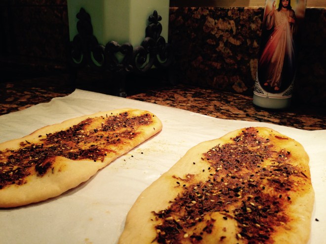 Flatbread with za'atar, a Middle Eastern condiment made from a mixture of dried herbs, sesame seeds and sumac plus a quick scattering of sea salt. Divine to munch on with a glass or two of wine and your special someone.